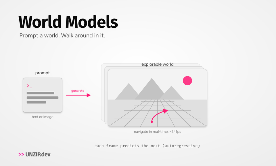 Diagram: a text or image prompt generating stacked frames of an explorable 3D world, navigable in real time.